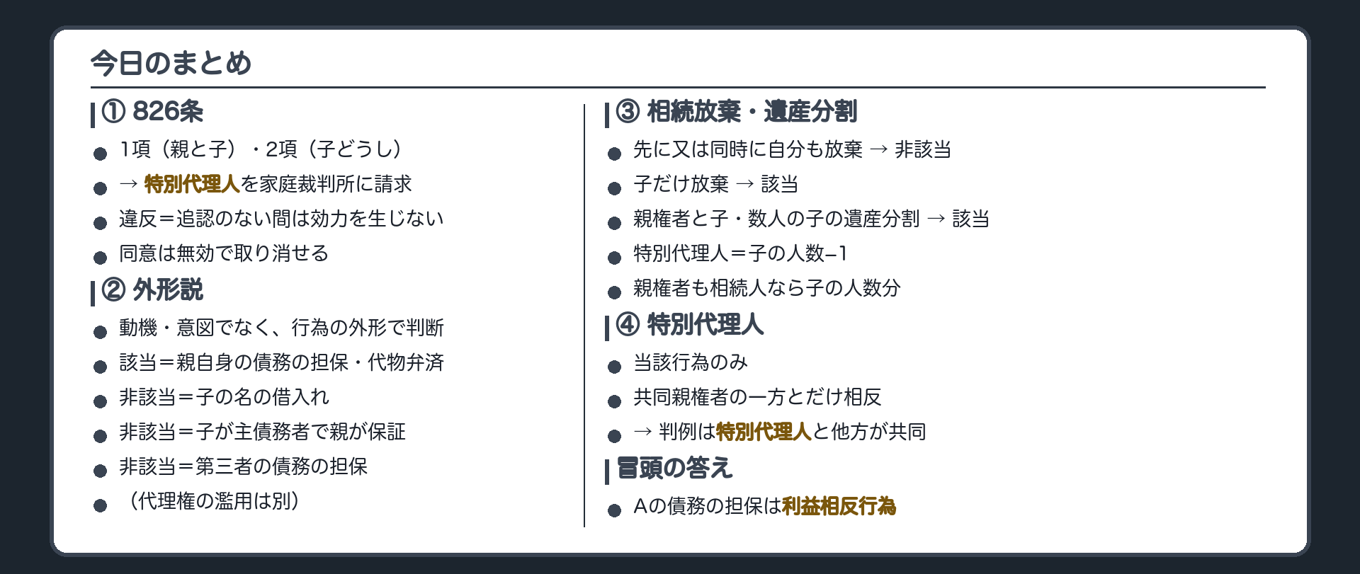 4本柱＋冒頭の答え。①826条＝1項（親と子）・2項（子どうし）の利益相反→特別代理人を家庭裁判所に請求。違反＝追認のない間は効力を生じない／同意は無効で取り消せる②外形説＝動機・意図でなく行為の外形。親自身の債務の担保・代物弁済＝該当／子の名の借入れ・子が主債務者で親が保証・第三者の債務の担保＝非該当（代理権の濫用は別）③相続放棄・遺産分割＝先に又は同時に自分も放棄なら非該当／子だけなら該当。親権者と子・数人の子の遺産分割は該当・特別代理人は子の人数−1（親権者も相続人なら子の人数分）④特別代理人＝当該行為のみ。共同親権者の一方とだけ相反なら判例は特別代理人と他方が共同。冒頭の答え＝Aの債務の担保は利益相反行為。