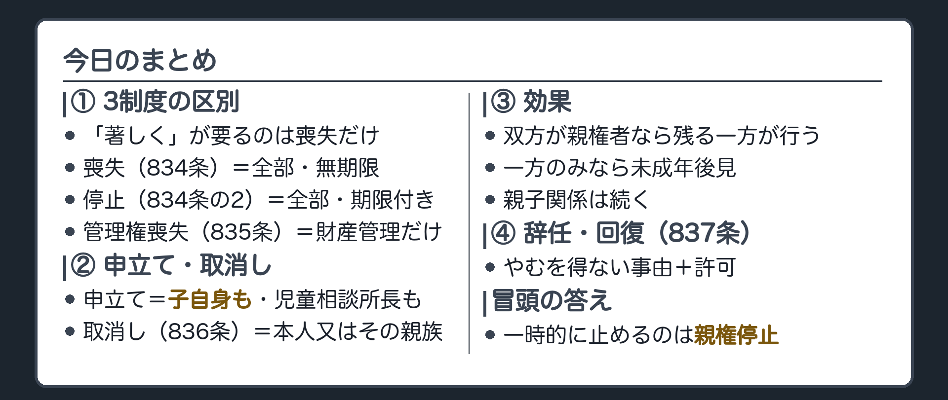 4本柱＋冒頭の答え。①3制度の区別＝喪失（834条）は全部・期間の定めなし・「著しく」／停止（834条の2）は全部・2年を超えない範囲・「著しく」不要／管理権喪失（835条）は財産管理だけ・「著しく」不要②申立て＝子自身も・児童相談所長も。取消し（836条）＝本人又はその親族③効果＝双方が親権者なら残る一方が行う／一方のみなら未成年後見（838条1号・841条）／親子関係は続く④辞任・回復（837条）＝やむを得ない事由＋家庭裁判所の許可。冒頭の答え＝一時的に止める制度が親権停止（834条の2）。