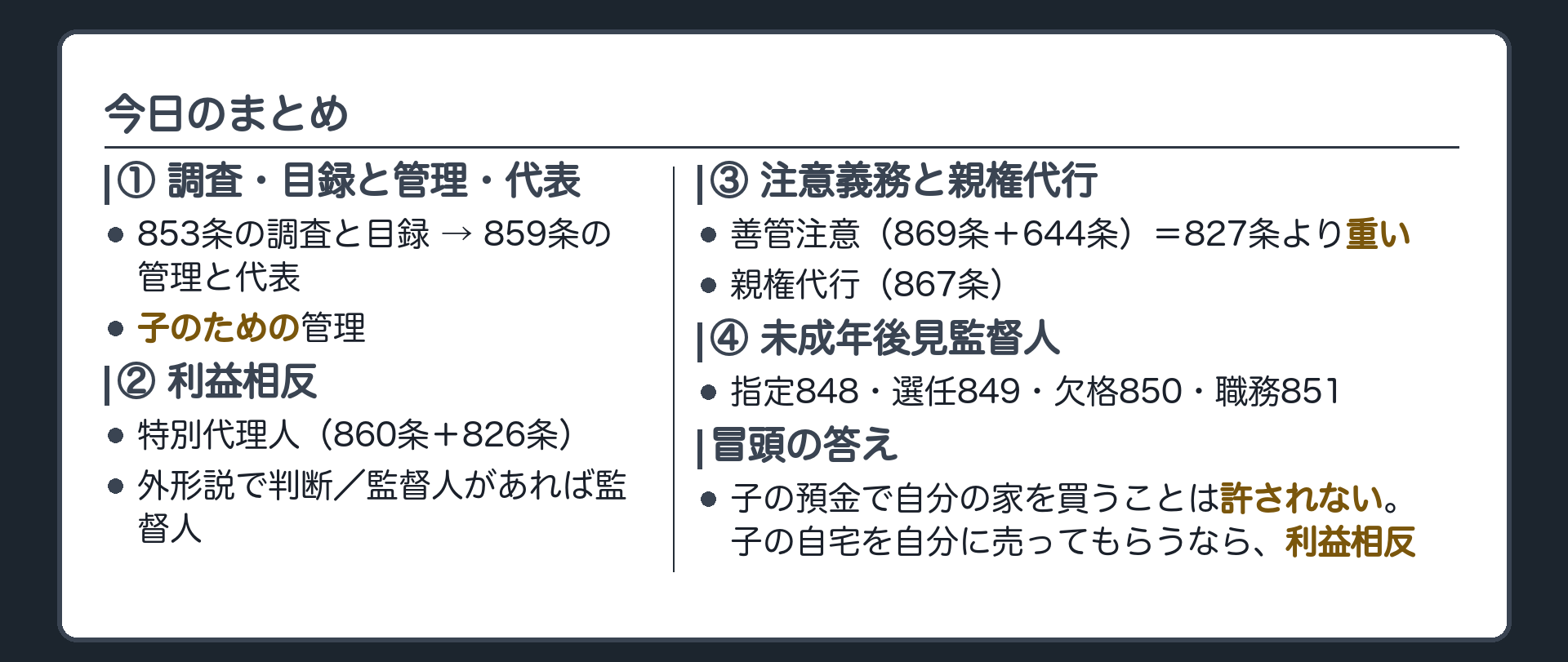 4本柱＋冒頭の答え。①財産の調査と目録（853条）→管理と代表（859条）＝子のための管理②利益相反＝特別代理人（860条＋826条・外形説）・監督人があれば監督人③善管注意（869条＋644条）＝親権者の827条より重い／親権代行（867条）④未成年後見監督人（指定848・選任849・欠格850・職務851）。冒頭の答え＝子の預金で自分の家を買うことは許されない。子の自宅を自分に売ってもらうなら、利益相反。
