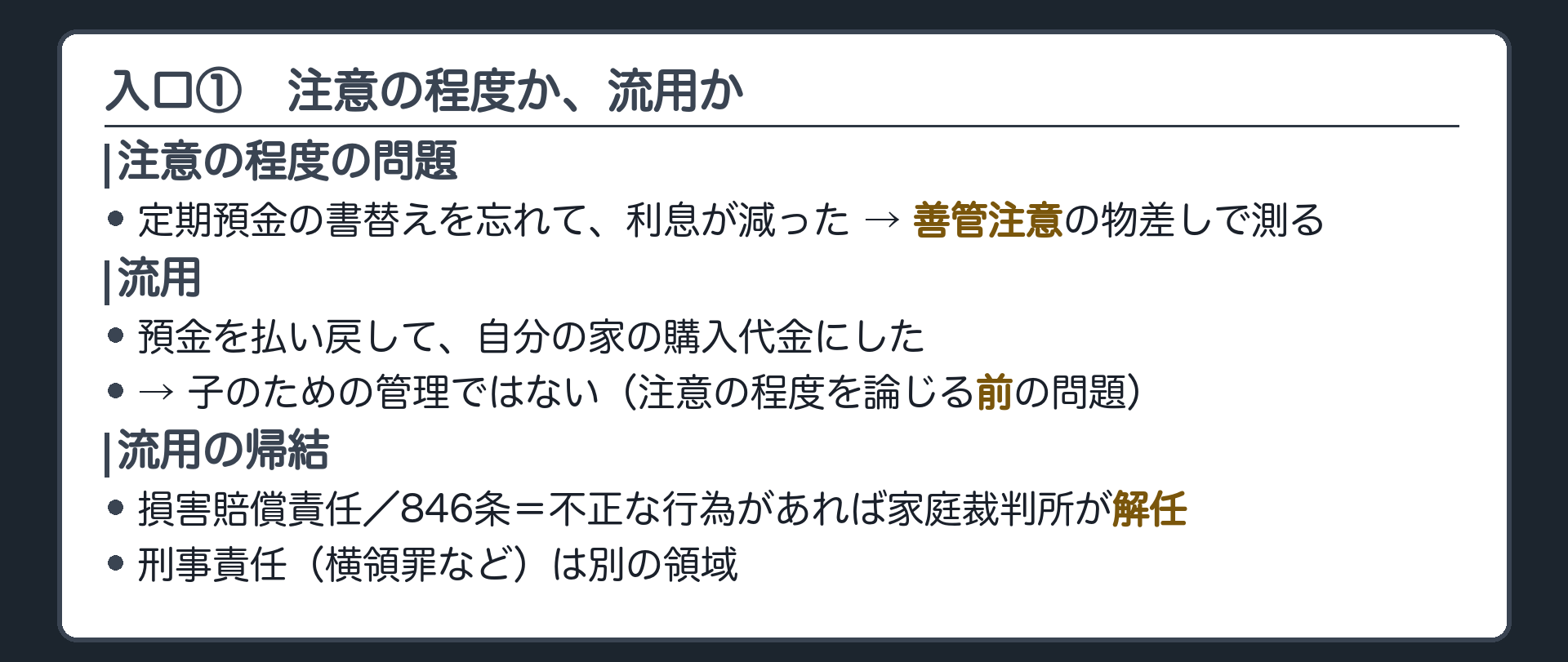 入口①の整理。注意の程度の問題＝定期預金の書替えを忘れて利息が減った→善管注意の物差しで測る。流用＝預金を払い戻して自分の家の購入代金にした→子のための管理ではない（注意の程度を論じる前の問題）。流用の帰結＝損害賠償責任／846条＝不正な行為があれば家庭裁判所が解任／刑事責任（横領罪など）は別の領域。