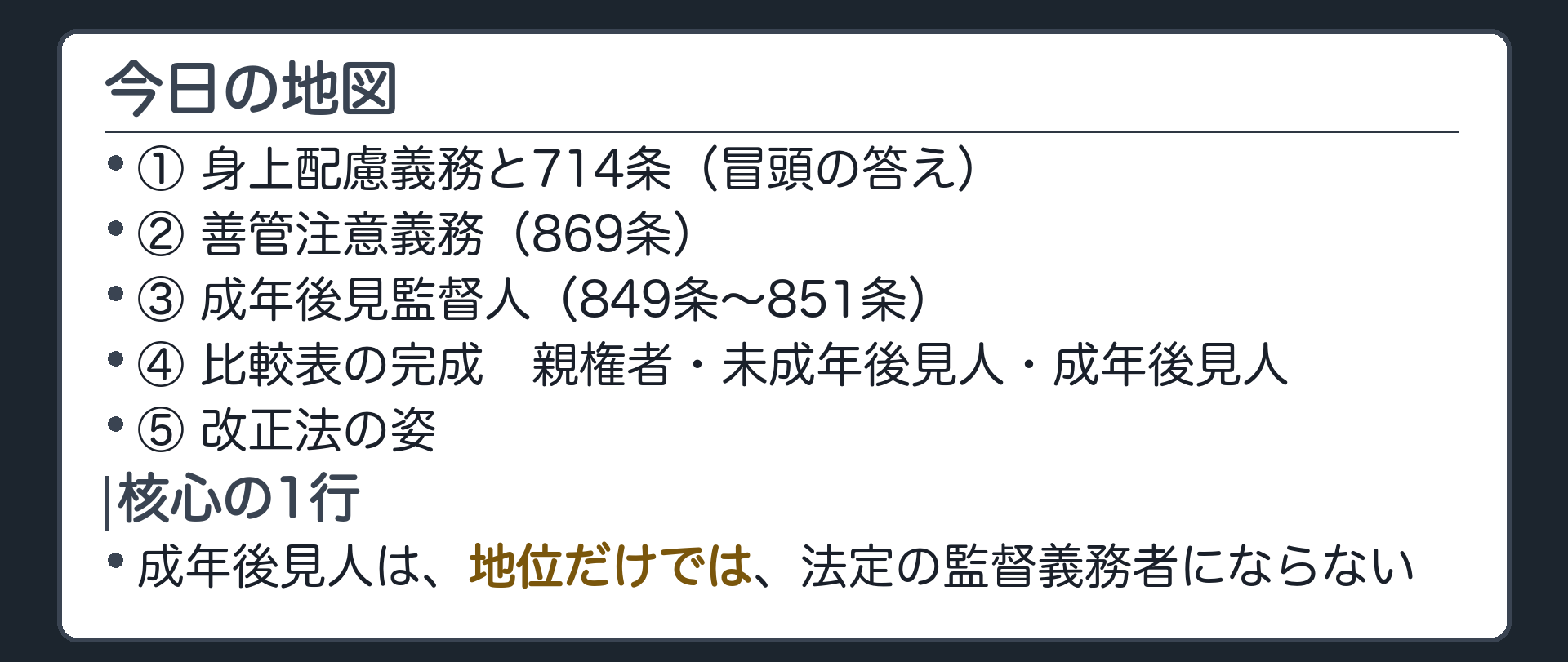 今日の地図。①身上配慮義務と714条（冒頭の答え）②善管注意義務（869条）③成年後見監督人（849条〜851条）④比較表の完成＝親権者・未成年後見人・成年後見人⑤改正法の姿。核心の1行＝成年後見人は、地位だけでは、法定の監督義務者にならない。