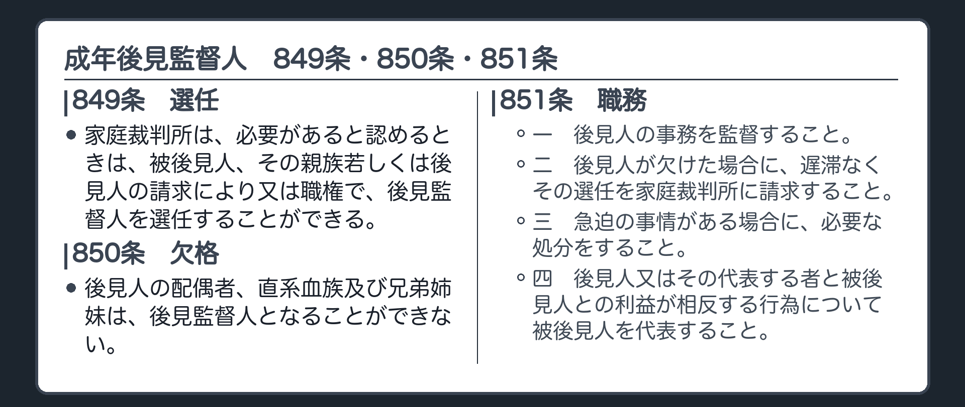 成年後見監督人の板。849条＝家庭裁判所は、必要があると認めるときは、被後見人、その親族若しくは後見人の請求により又は職権で、後見監督人を選任することができる。850条＝後見人の配偶者、直系血族及び兄弟姉妹は、後見監督人となることができない。851条＝職務は、一 後見人の事務を監督すること。二 後見人が欠けた場合に、遅滞なくその選任を家庭裁判所に請求すること。三 急迫の事情がある場合に、必要な処分をすること。四 後見人又はその代表する者と被後見人との利益が相反する行為について被後見人を代表すること。