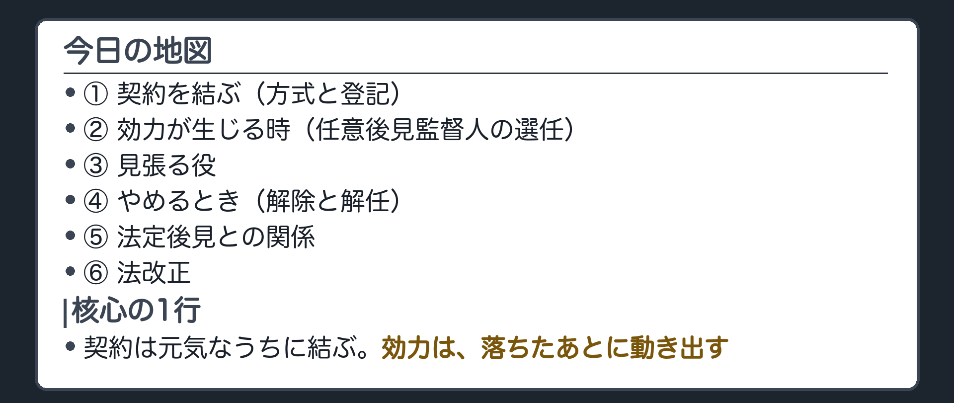 今日の地図。①契約を結ぶ（方式と登記）②効力が生じる時（任意後見監督人の選任）③見張る役④やめるとき（解除と解任）⑤法定後見との関係⑥法改正。核心の1行＝契約は元気なうちに結ぶ。効力は、落ちたあとに動き出す。