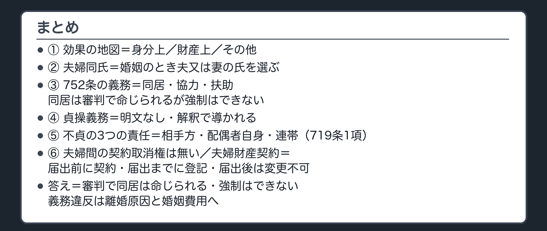 まとめ。①効果の地図（身分／財産／その他）②夫婦同氏③752条の義務（同居は審判で命じられるが強制はできない）④貞操義務（明文なし）⑤不貞の3つの責任（相手方・配偶者自身・連帯）⑥夫婦間の契約取消権は無い／夫婦財産契約の時間軸。答え＝審判で同居は命じられる・強制はできない・義務違反は離婚原因と婚姻費用へ。