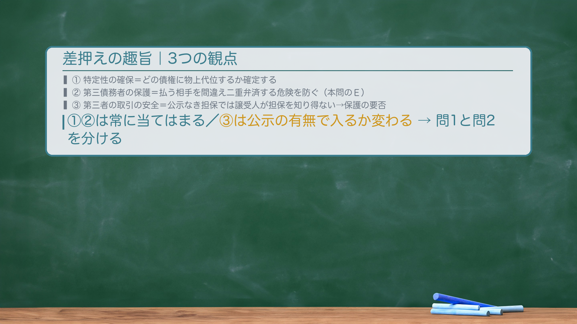 差押えの趣旨は3つ|㋐特定性の保持・㋑第三債務者の保護・㋒第三者の取引の安全(㋒を含むかが分かれ目)