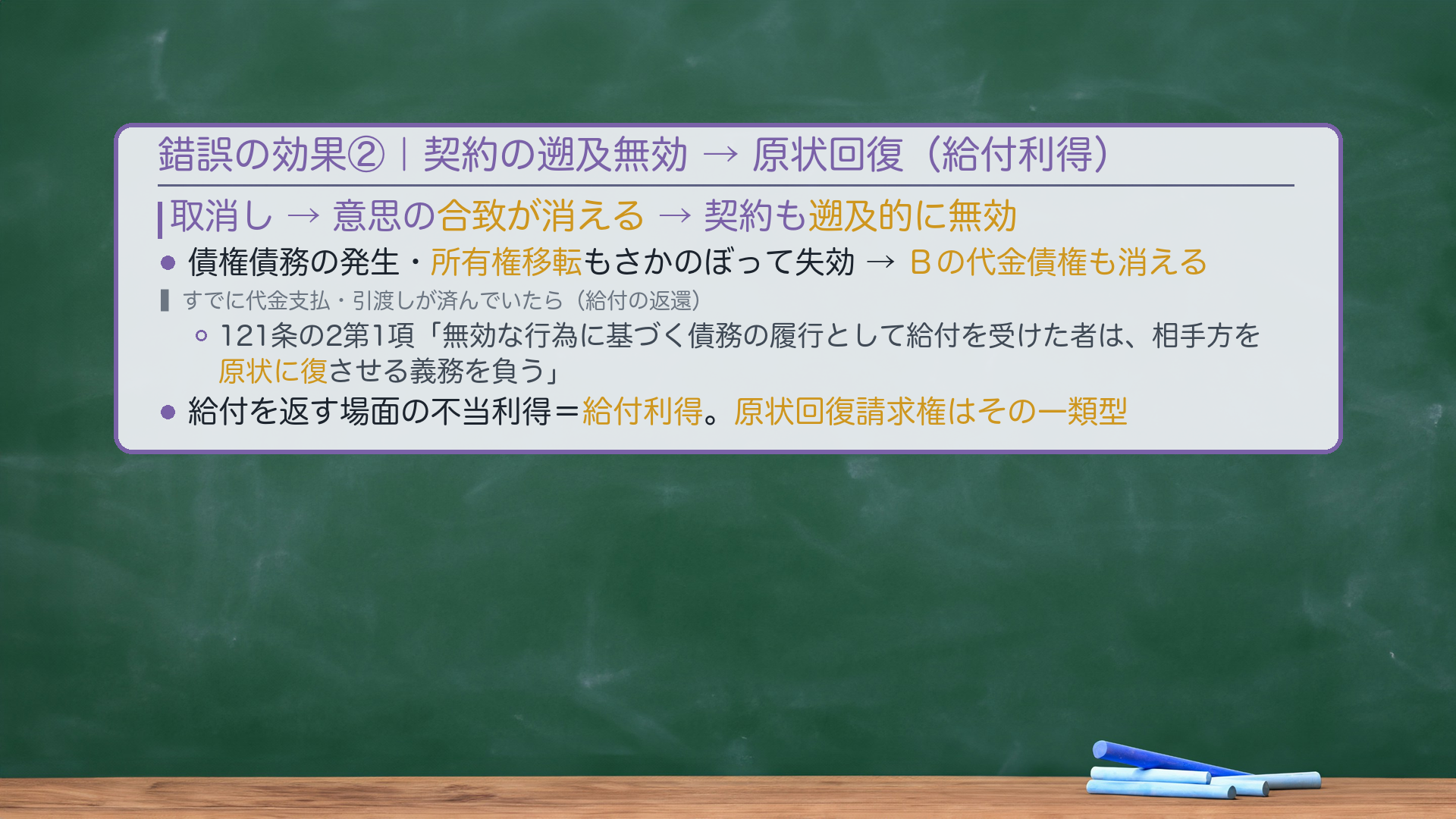 取消し→契約も遡及無効→既履行は原状回復(給付利得・121条の2)