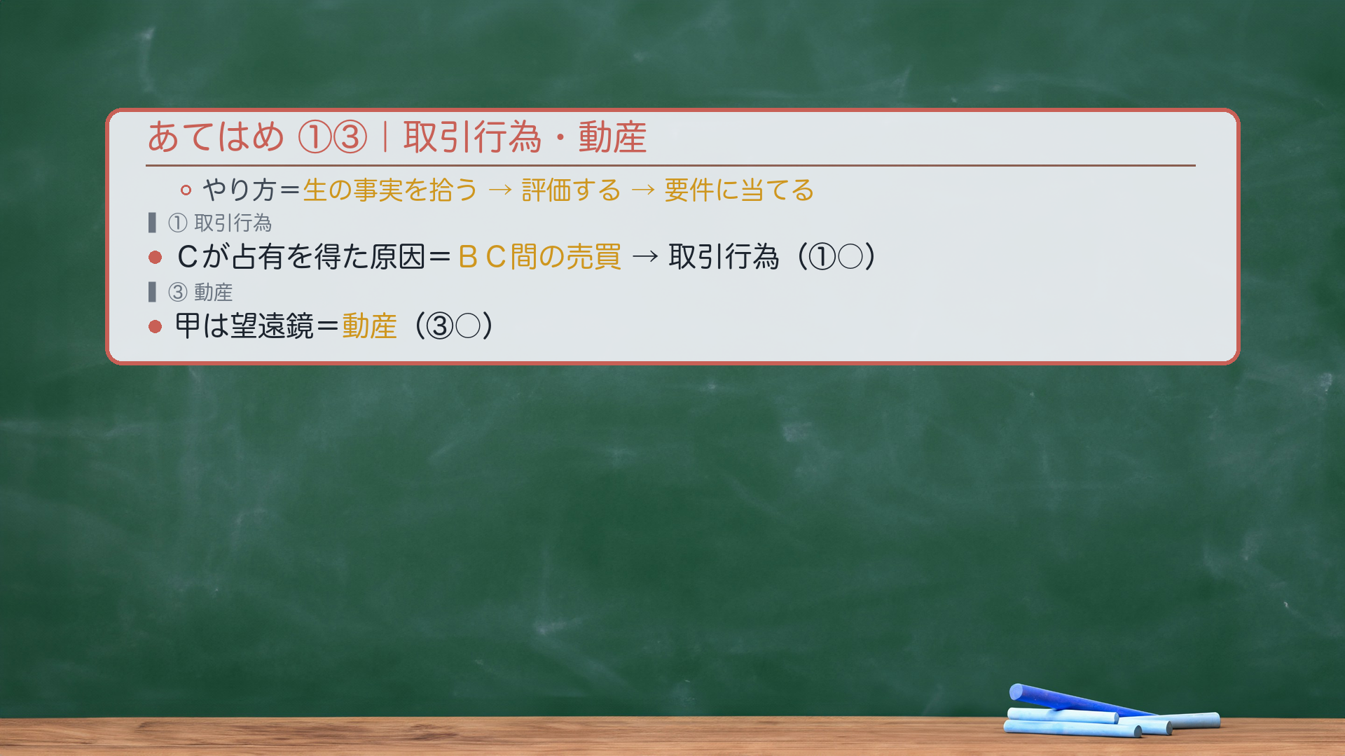 あてはめ前半|①取引行為○②平穏公然○(186①推定)③動産○/④の占有開始候補=占有改定5/1と現実引渡し6/1午後