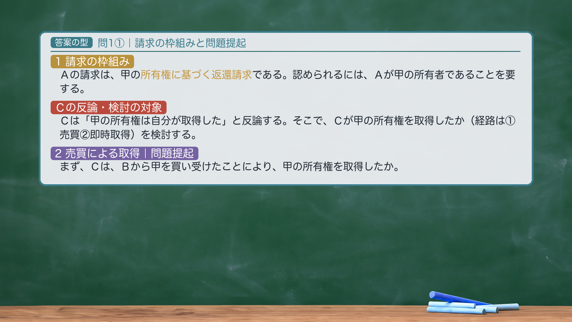 問1の答案|【問題提起】→【規範】176/178・占有改定も引渡し→【あてはめ】A4/1先行対抗要件→【結論】Cは売買では取得せず
