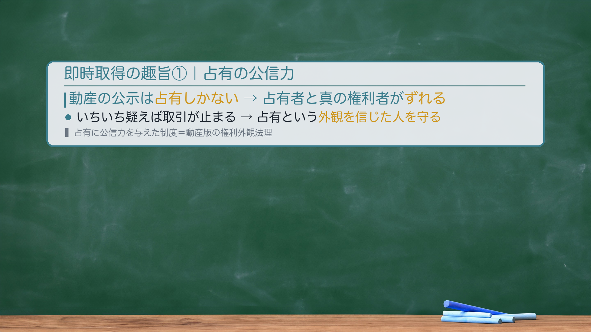 趣旨|動産の公示は占有のみ→占有と権利が乖離→占有に公信力(取引安全=動的安全と静的安全の調整・権利外観法理の動産版)