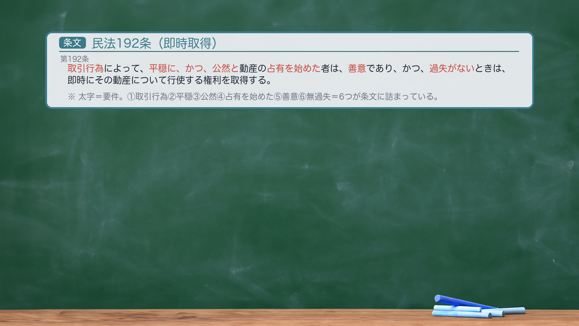 民法192条 全文|取引行為・平穏・公然・動産・占有を始めた・善意・無過失=要件が条文に6つ