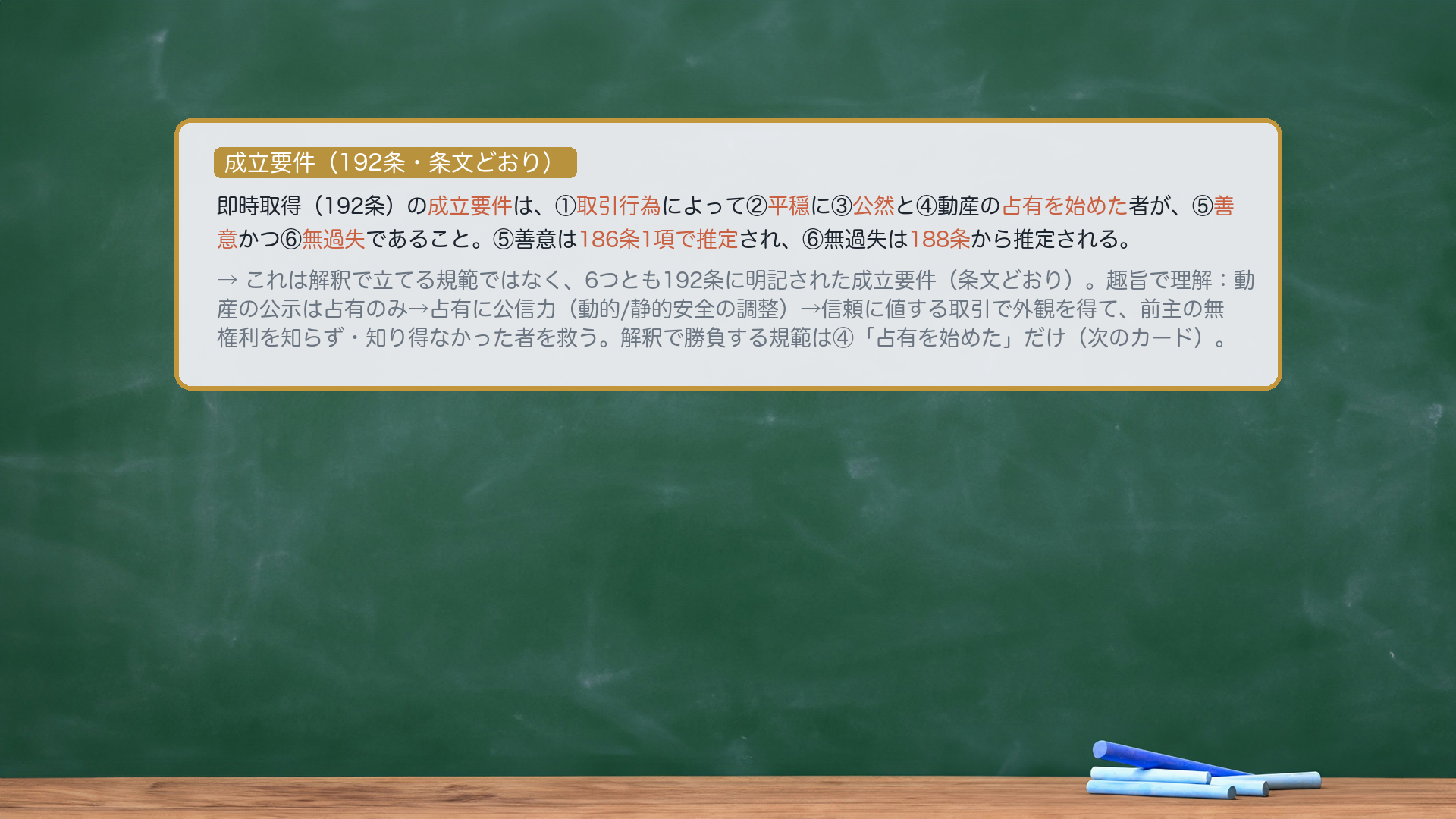 成立要件カード|192条に明記の6要件=①取引行為②平穏③公然④占有を始めた⑤善意⑥無過失(⑤186①推定・⑥188推定)