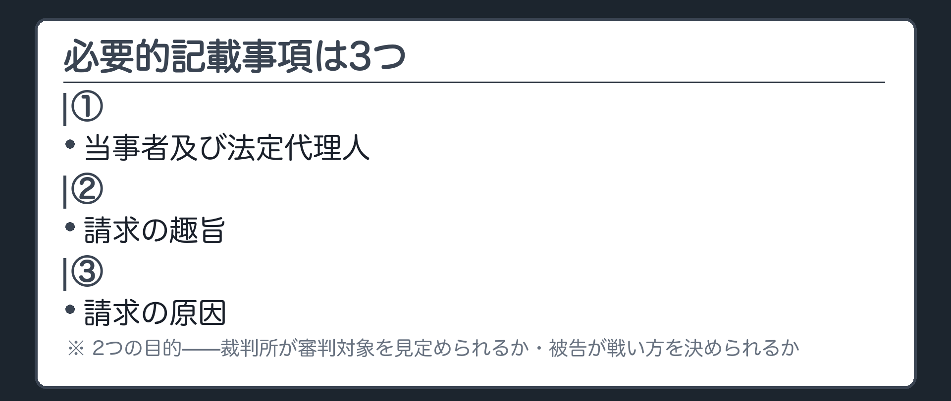 必要的記載事項の板(①当事者及び法定代理人②請求の趣旨③請求の原因。3つは、裁判所が審判対象を見定められるか、被告が戦い方を決められるか、という2つの目的から出てくる)