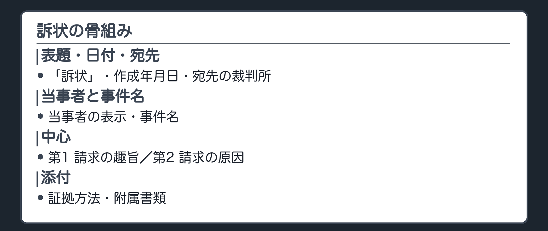 訴状の骨組みの板(表題「訴状」・作成年月日・宛先の裁判所／当事者の表示・事件名／第1 請求の趣旨・第2 請求の原因／証拠方法・附属書類)