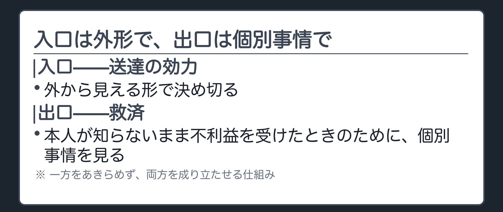 入口は外形出口は個別事情の板(送達の効力=入口は外形で決め切る。実際に本人が知らないまま判決が確定した場合の救済=出口で個別事情を見る。両方をあきらめない仕組み)