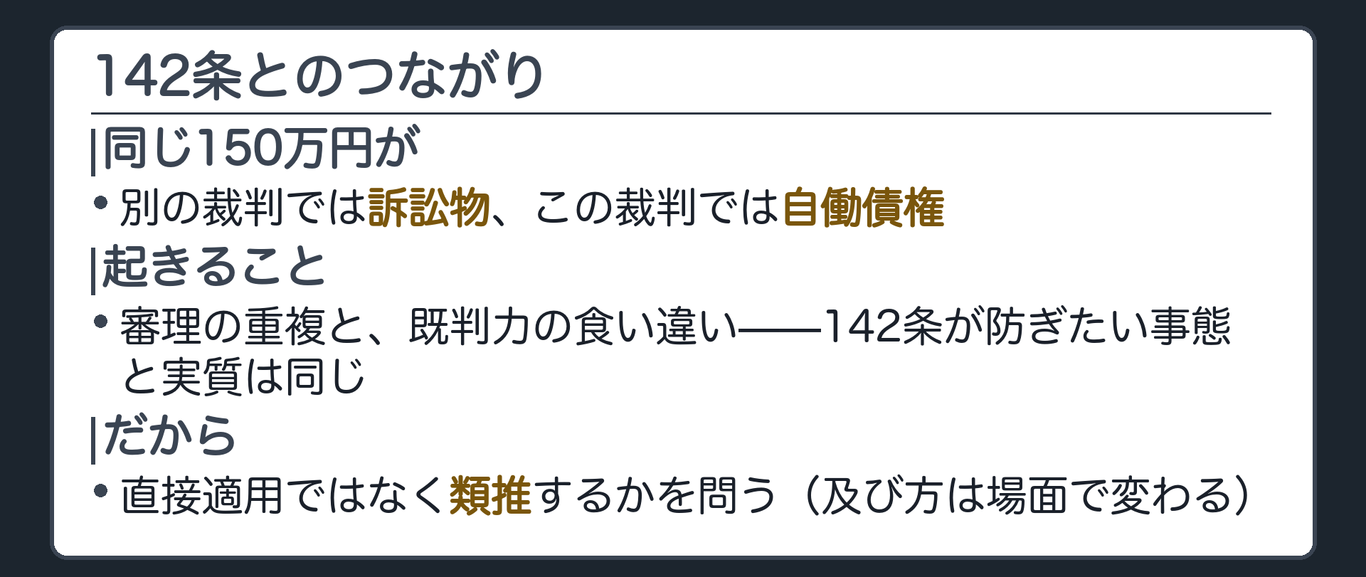 142条とのつながりの板(同じ150万円が、別の裁判では訴訟物、この裁判では自働債権=どちらにも既判力の生じる判断→審理の重複と既判力の食い違い→142条が防ぎたい事態と実質は同じ→直接適用ではなく類推を問題にする。及び方は場面で変わる)