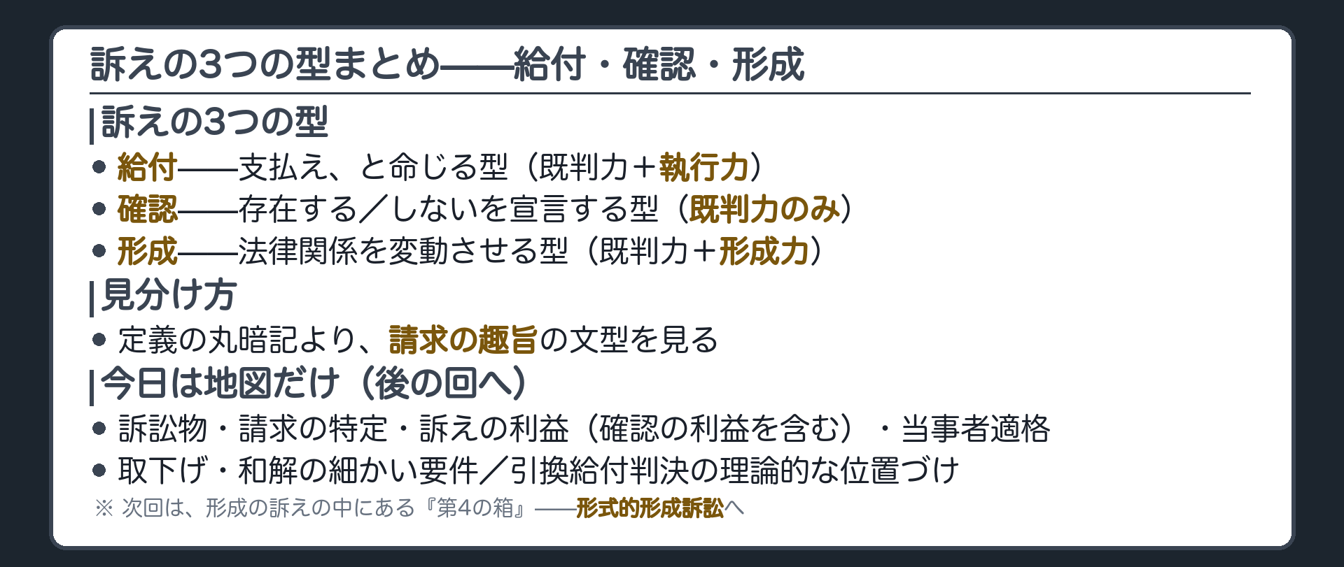 訴えの3つの型まとめ——給付・確認・形成ボード