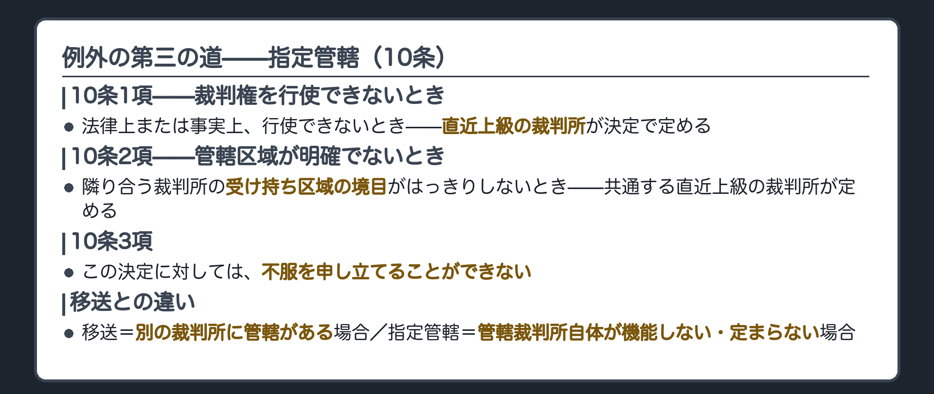 指定管轄の場面（災害等で裁判所が機能しない／管轄区域が不明確で定まらない）＋移送との違いボード
