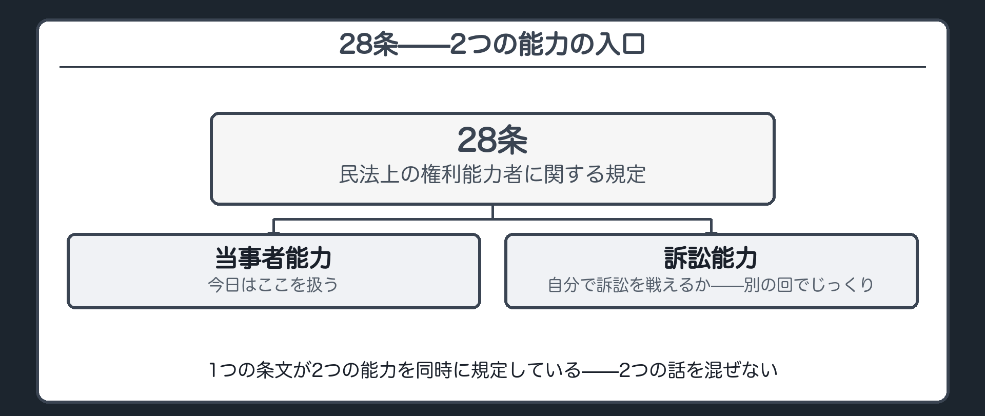 28条の位置づけ板(28条は当事者能力と訴訟能力、両方の入口＝今日は当事者能力の側だけ)
