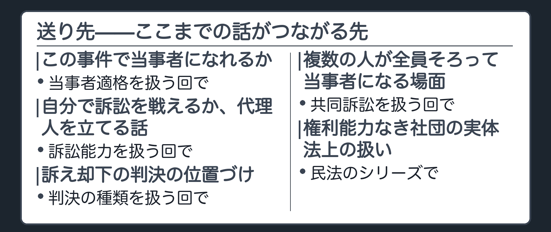 送り先一覧板(当事者適格・訴訟能力・訴え却下の判決の位置づけ・固有必要的共同訴訟・権利能力なき社団の実体法)
