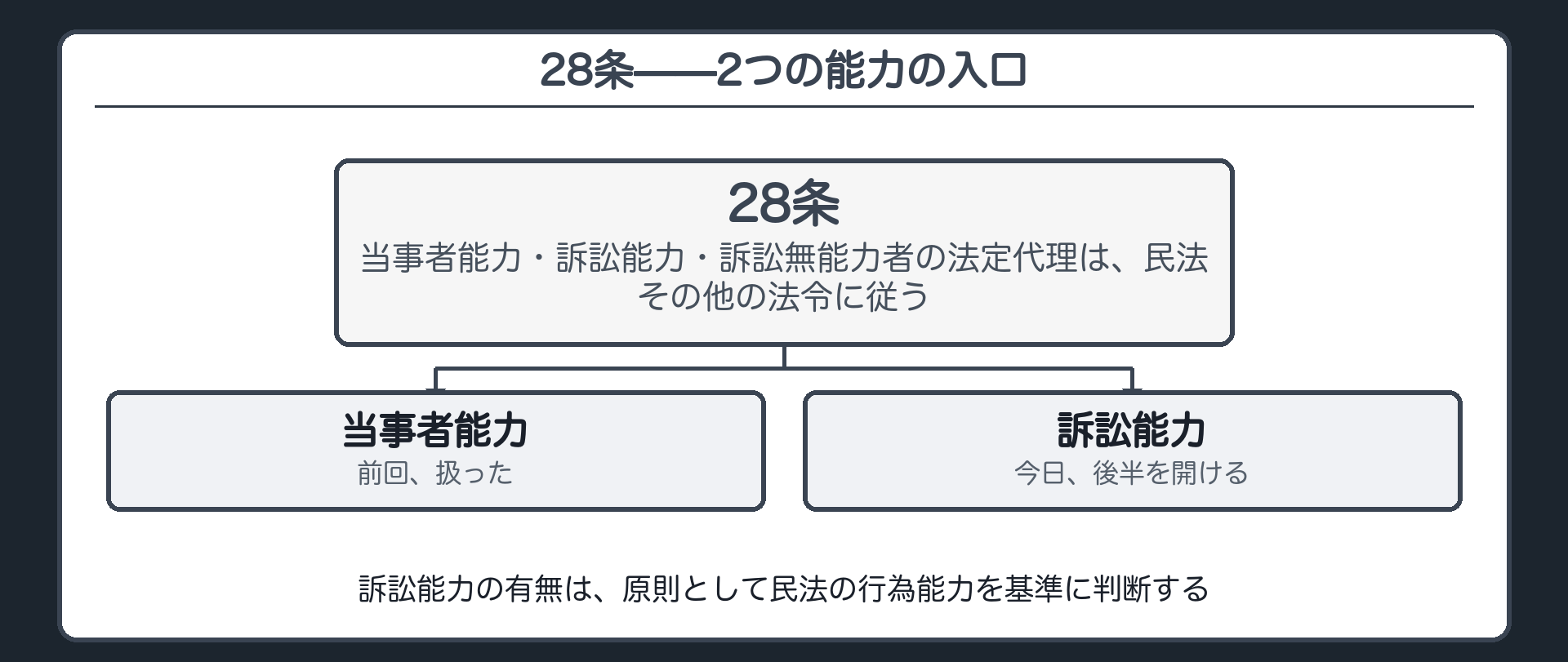 28条の位置づけ板(28条は当事者能力と訴訟能力、両方の入口。今日は後半の訴訟能力を開ける)