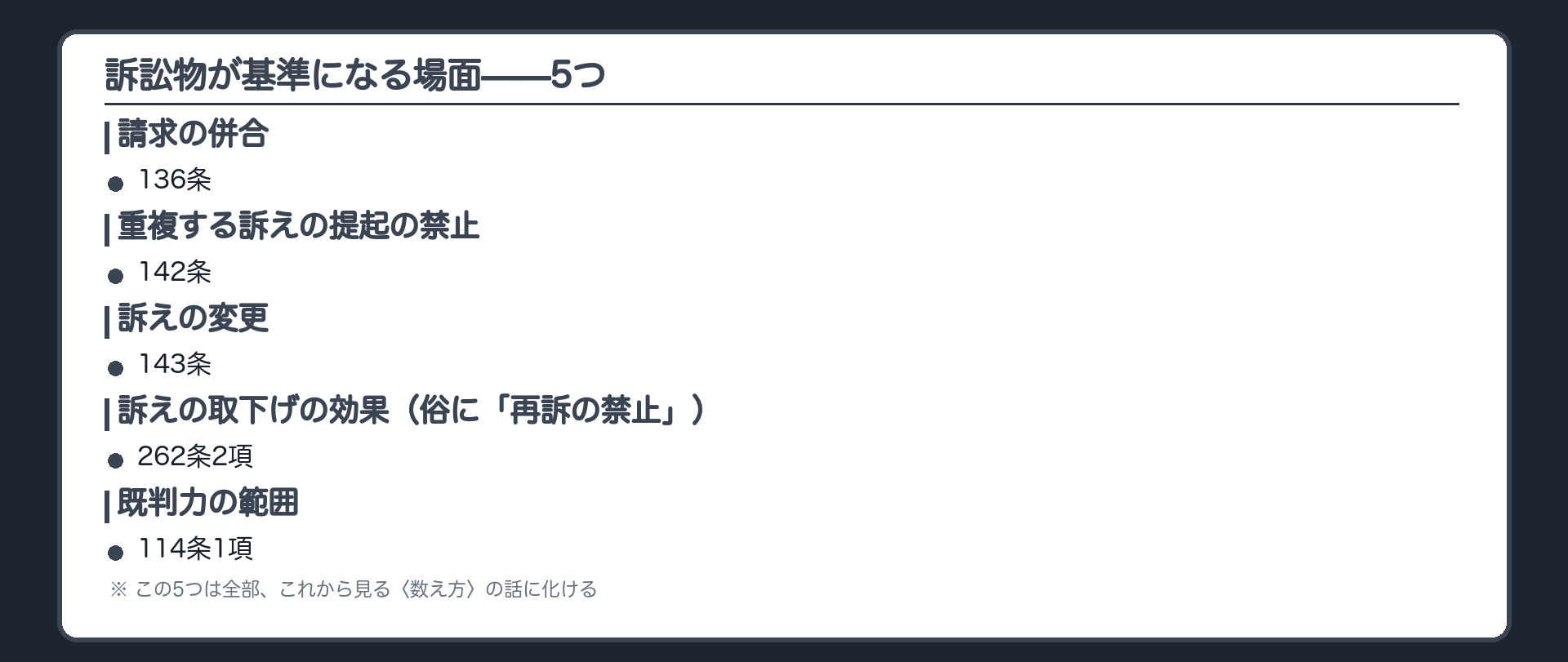 基準になる場面の板(併合136条／重複訴訟142条／訴えの変更143条／再訴の禁止262条2項／既判力114条1項。この5つは全部これから見る数え方の話に化ける)