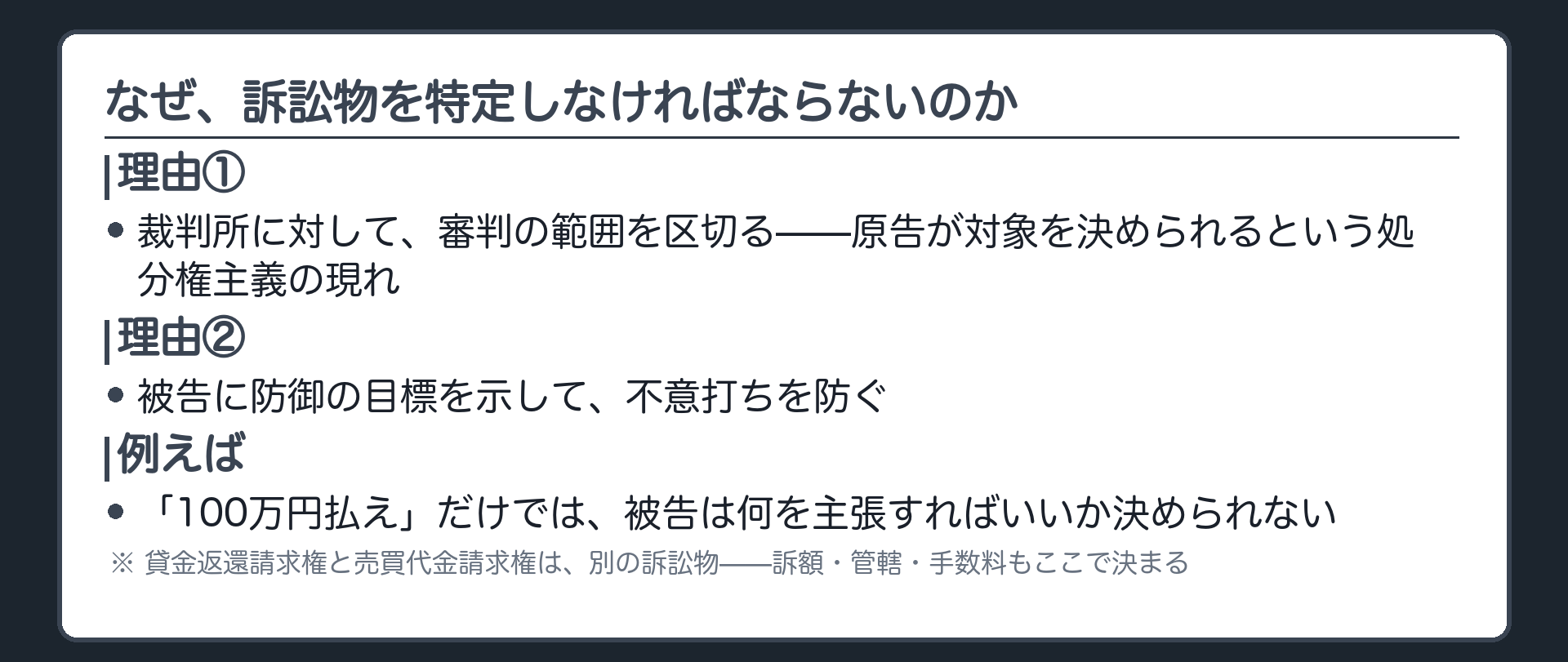 特定の必要性の板(理由①裁判所への審判範囲の限定=処分権主義の現れ ②被告への防御目標の明示=不意打ち防止。100万円払えだけでは戦えない)