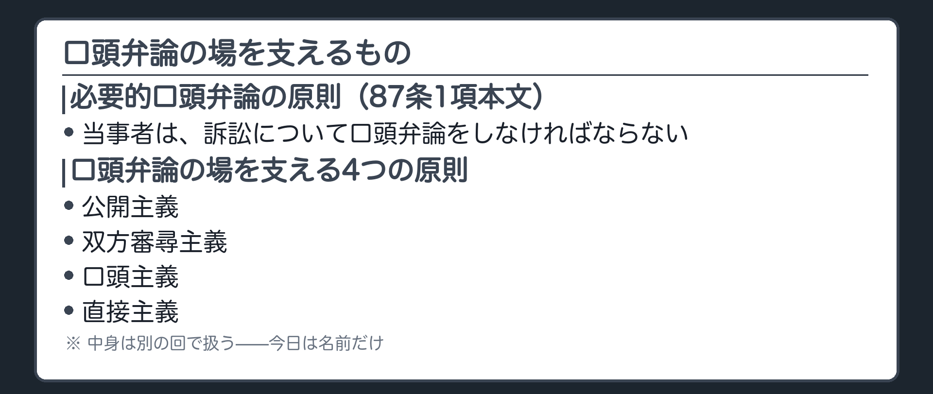 口頭弁論を支える原則の板(必要的口頭弁論の原則=87条1項本文/口頭弁論の場を支える原則/公開主義/双方審尋主義/口頭主義/直接主義)