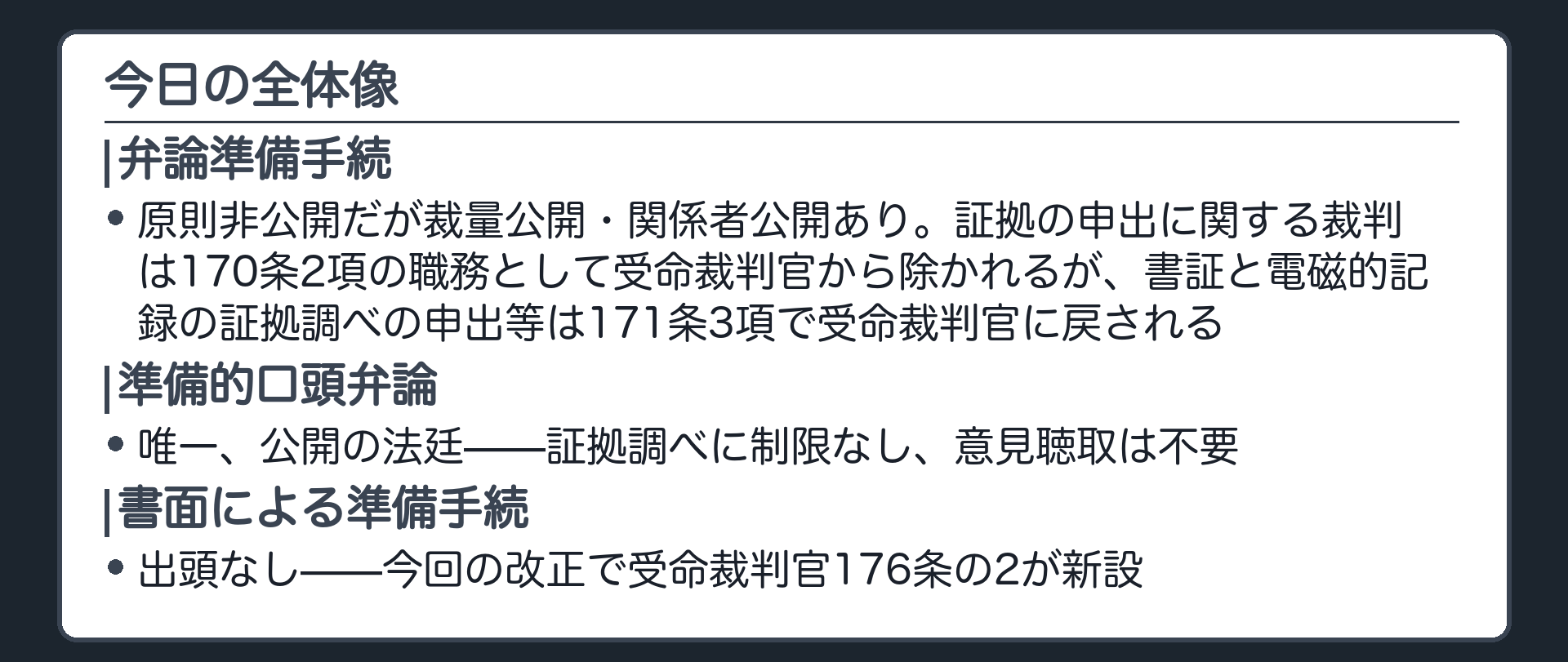 今日の全体像の板(弁論準備手続=原則非公開だが裁量公開関係者公開あり・証拠の申出に関する裁判は170条2項の職務として受命裁判官から除かれるが書証と電磁的記録の証拠調べの申出等は171条3項で受命裁判官に戻される/準備的口頭弁論=唯一公開の法廷・証拠調べに制限なし・意見聴取不要/書面による準備手続=出頭なし・改正で受命裁判官176条の2が新設)