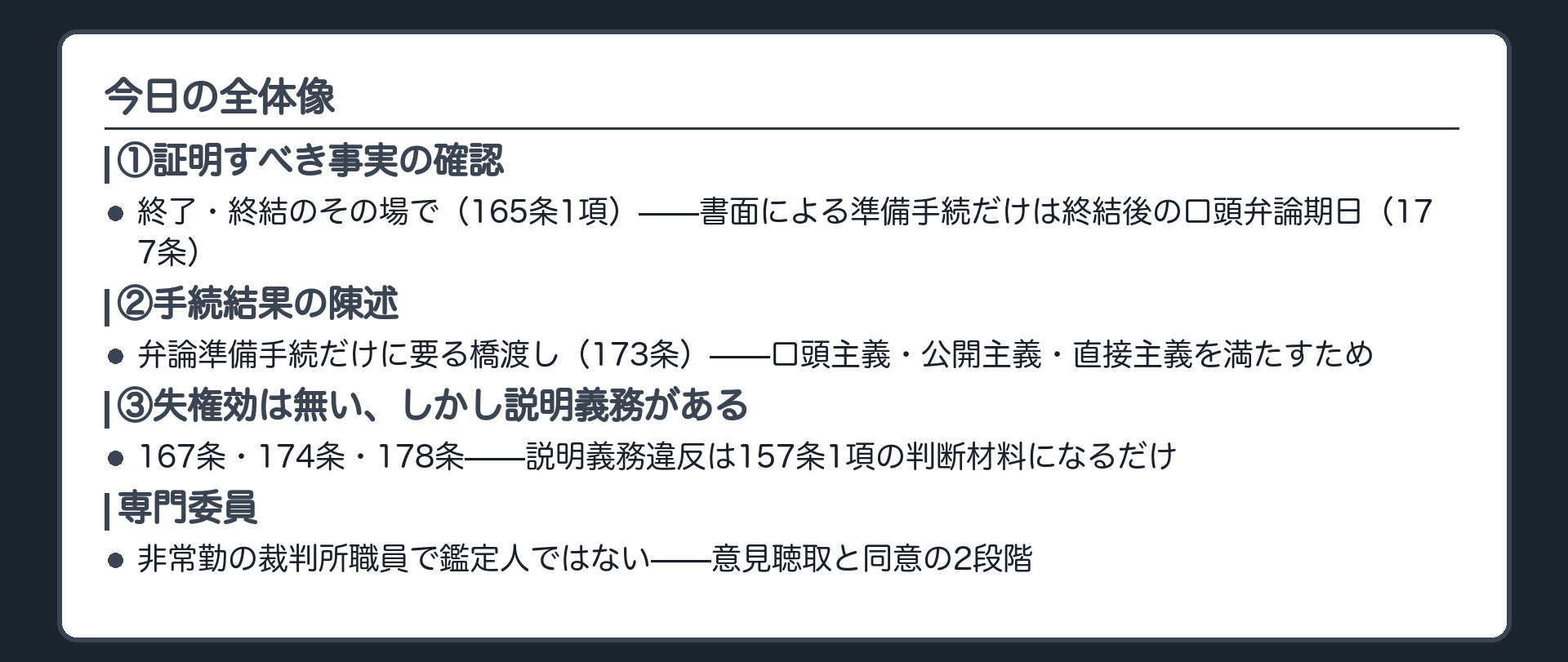 今日の全体像の板(①証明すべき事実の確認=終了終結のその場で165条1項・書面による準備手続だけは終結後の口頭弁論期日で177条②手続結果の陳述=弁論準備手続だけに要る橋渡し173条・口頭主義公開主義直接主義を満たすため③失権効は無いが説明義務がある167条174条178条・説明義務違反は157条1項の判断材料/専門委員=非常勤の裁判所職員で鑑定人ではない・意見聴取と同意の2段階)