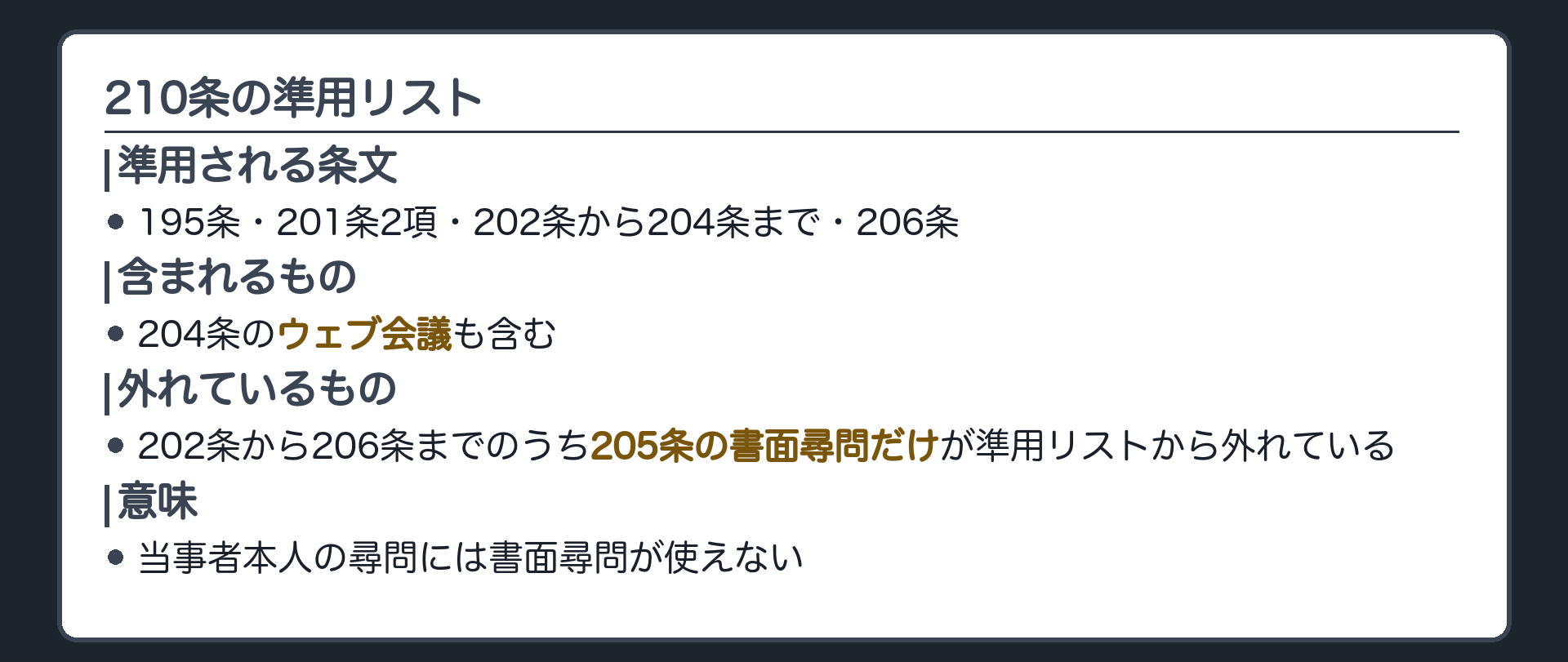 210条の準用リストの板(195条・201条2項・202条から204条まで・206条は準用=ウェブ会議204条も含む・202条から206条までのうち205条の書面尋問だけ準用リストから外れている)