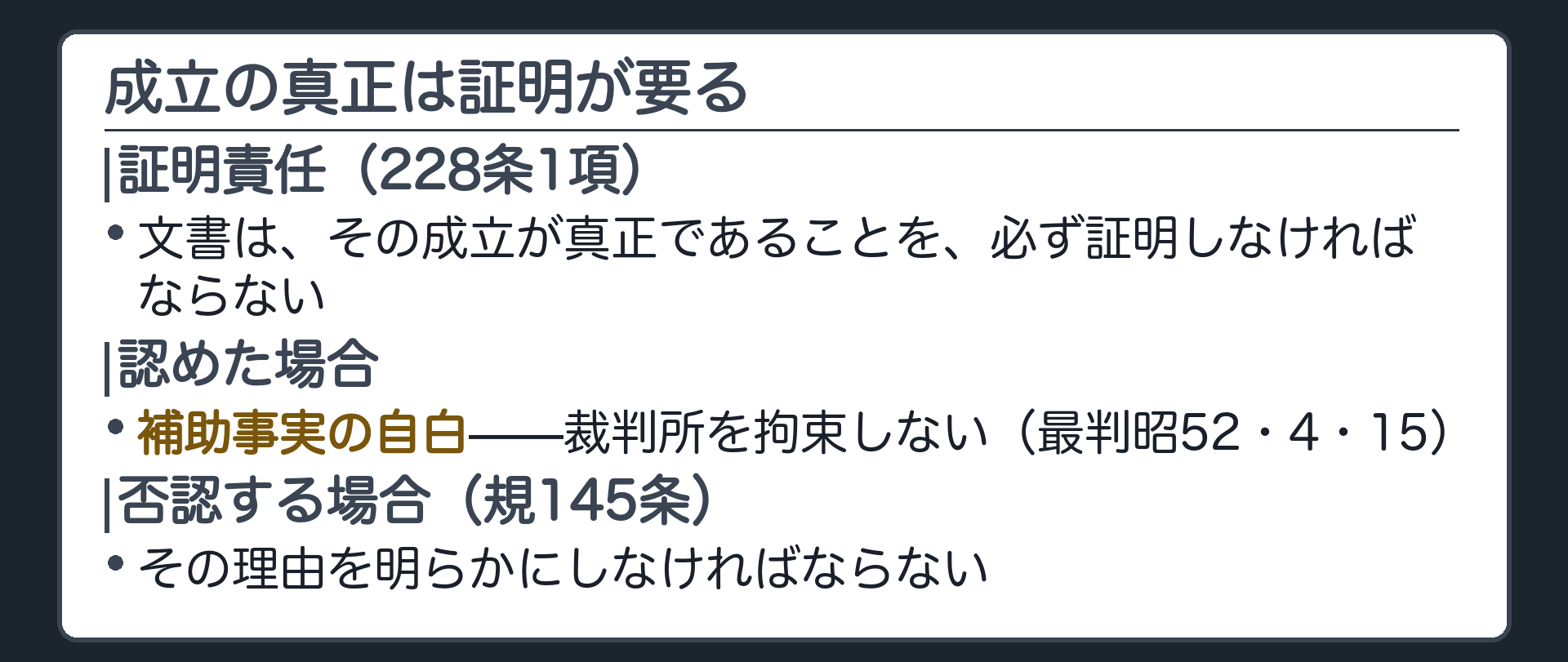 成立の真正の証明と自白の板(文書はその成立が真正であることを証明しなければならない228条1項・相手方は認否を明らかにする・認めれば補助事実の自白で裁判所を拘束しない・否認するときは理由を明らかにする規145条)