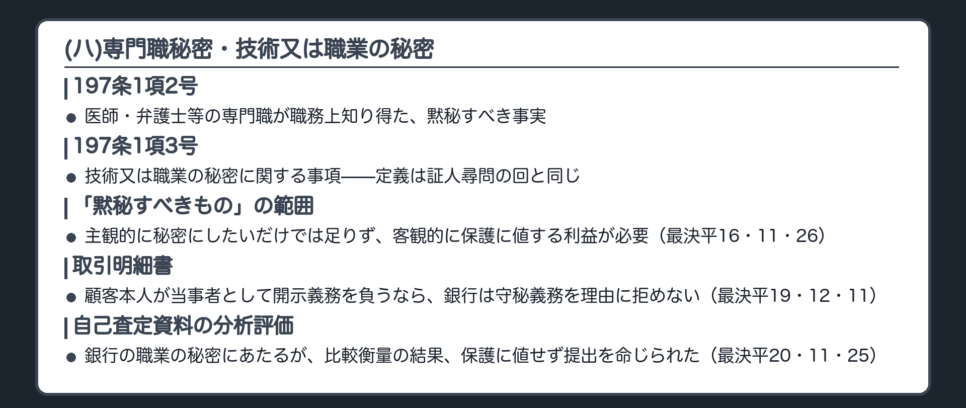 4号ハの板(197条1項2号の専門職が職務上知り得た黙秘すべき事実と3号の技術又は職業の秘密で黙秘の義務が免除されていないもの・技術又は職業の秘密の定義は証人尋問の回と同じ)