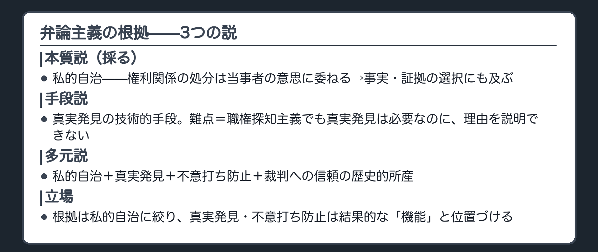 根拠3説の板(本質説=私的自治/手段説=真実発見の技術的手段・難点あり/多元説=歴史的所産/立場=根拠は私的自治・機能は結果的なもの)