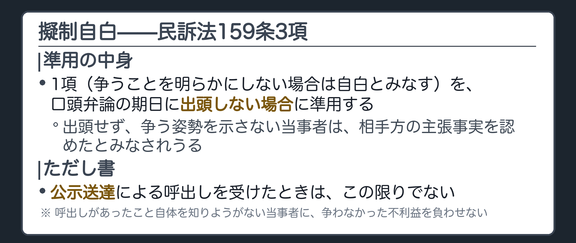 擬制自白の板(159条3項=1項の規定を口頭弁論期日に出頭しない場合に準用・ただし公示送達による呼出しを受けたときはこの限りでない)