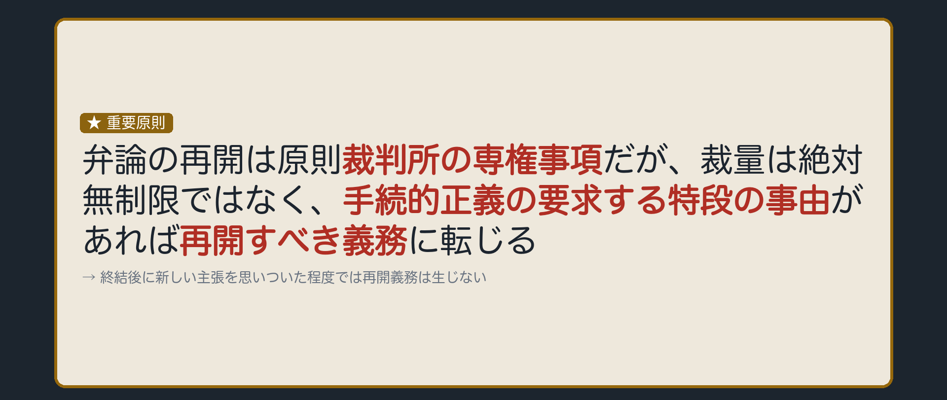 弁論の再開義務の板(いったん終結した弁論を再開するかどうかは裁判所の専権事項が原則/しかし裁量は絶対無制限ではなく手続的正義の要求する特段の事由があれば再開すべき義務に転じる)