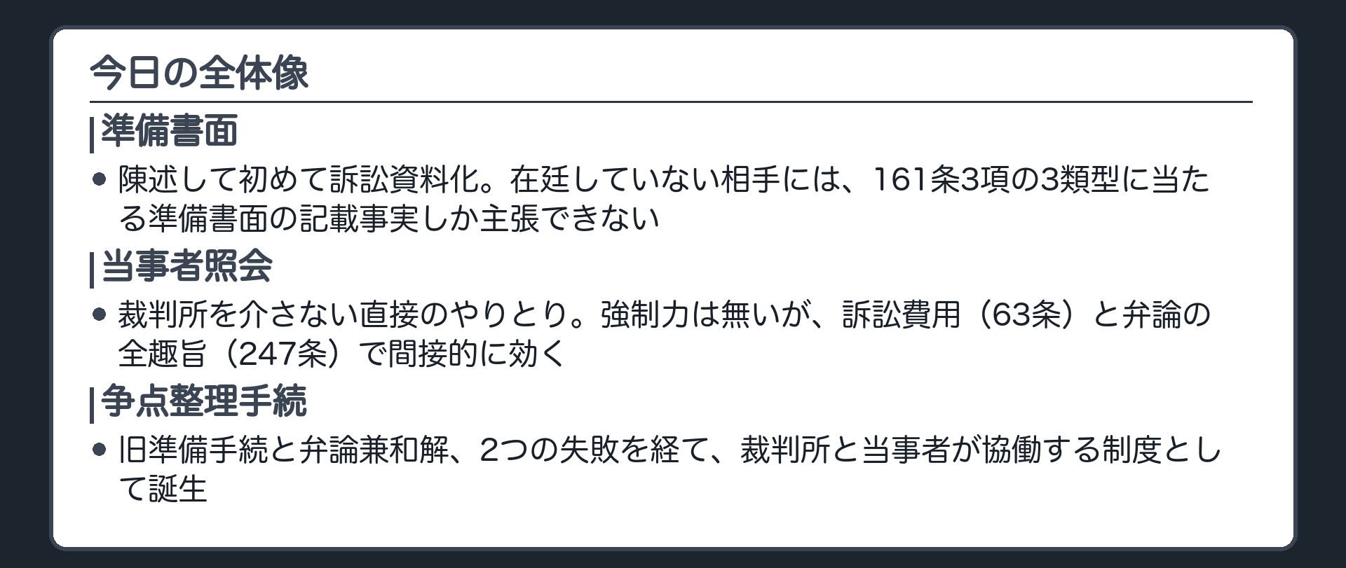 今日の全体像の板(準備書面=陳述して初めて訴訟資料化・在廷していない相手には161条3項の3類型に当たる準備書面の記載事実しか主張できない/当事者照会=裁判所を介さない直接のやりとりで強制力は無いが訴訟費用63条と弁論の全趣旨247条で間接的に効く/争点整理手続=旧準備手続と弁論兼和解の2つの失敗を経て裁判所と当事者が協働する制度として誕生)