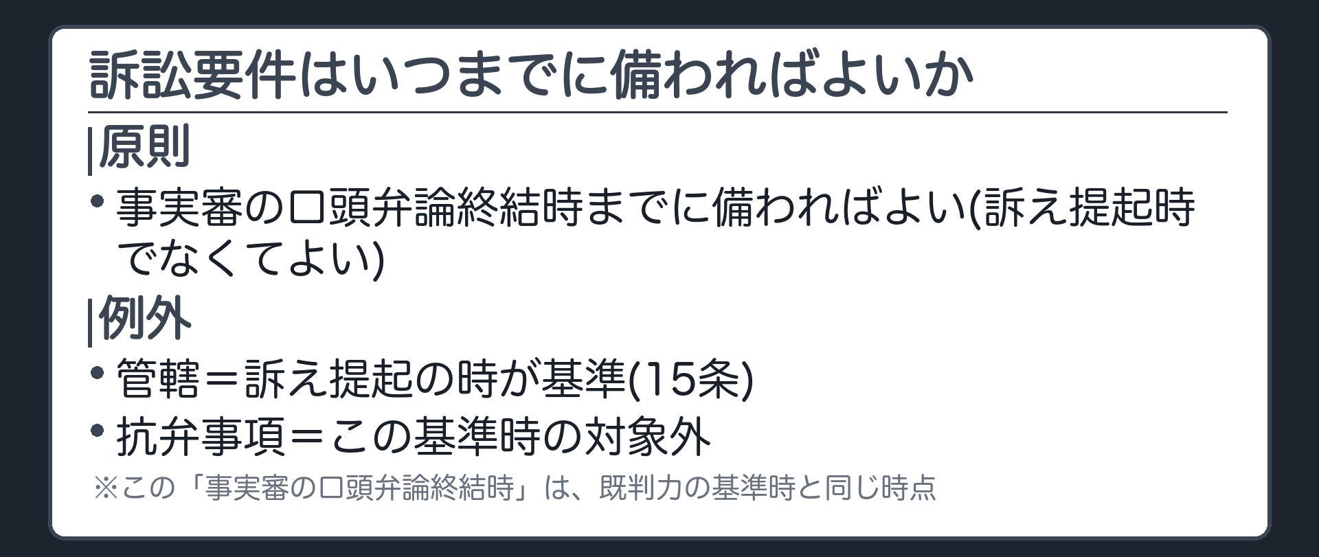 訴訟要件充足の基準時の板(原則=事実審の口頭弁論終結時までに備わればよい・訴え提起時でなくてよい/例外=管轄・15条は訴え提起の時が基準/抗弁事項もこの基準時の対象外/この基準時は後で見る既判力の基準時と同じ時点)