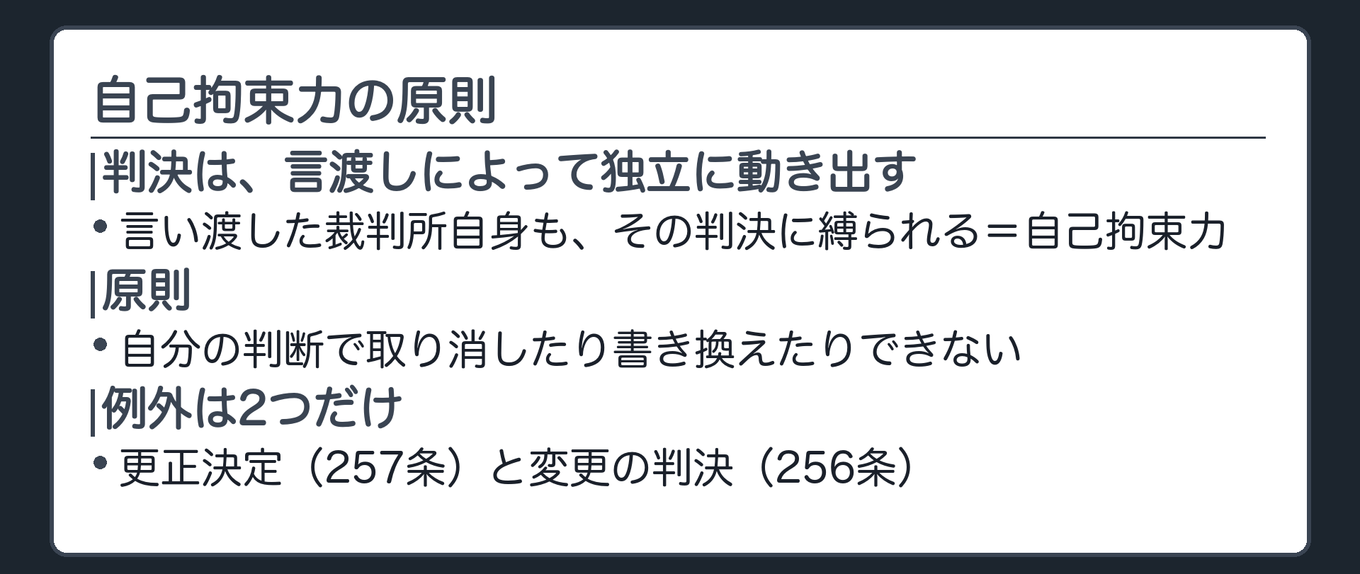 自己拘束力の原則板(言渡しで判決は独立に動き出す/言い渡した裁判所自身もその判決に縛られる=自己拘束力/原則=自分の判断で取り消したり書き換えたりできない/例外は2つだけ=更正決定・257条と変更の判決・256条)