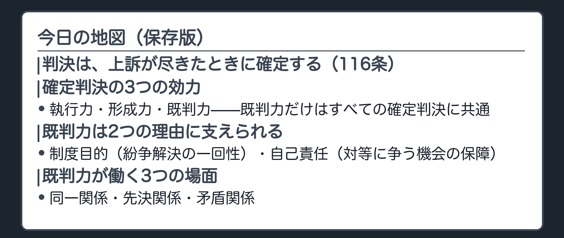 今日の地図の板(判決は上訴が尽きたとき確定する=116条/確定判決の3つの効力=執行力・形成力・既判力/既判力は2つの理由に支えられる=制度目的・自己責任/既判力は同一・先決・矛盾の3類型で働く)