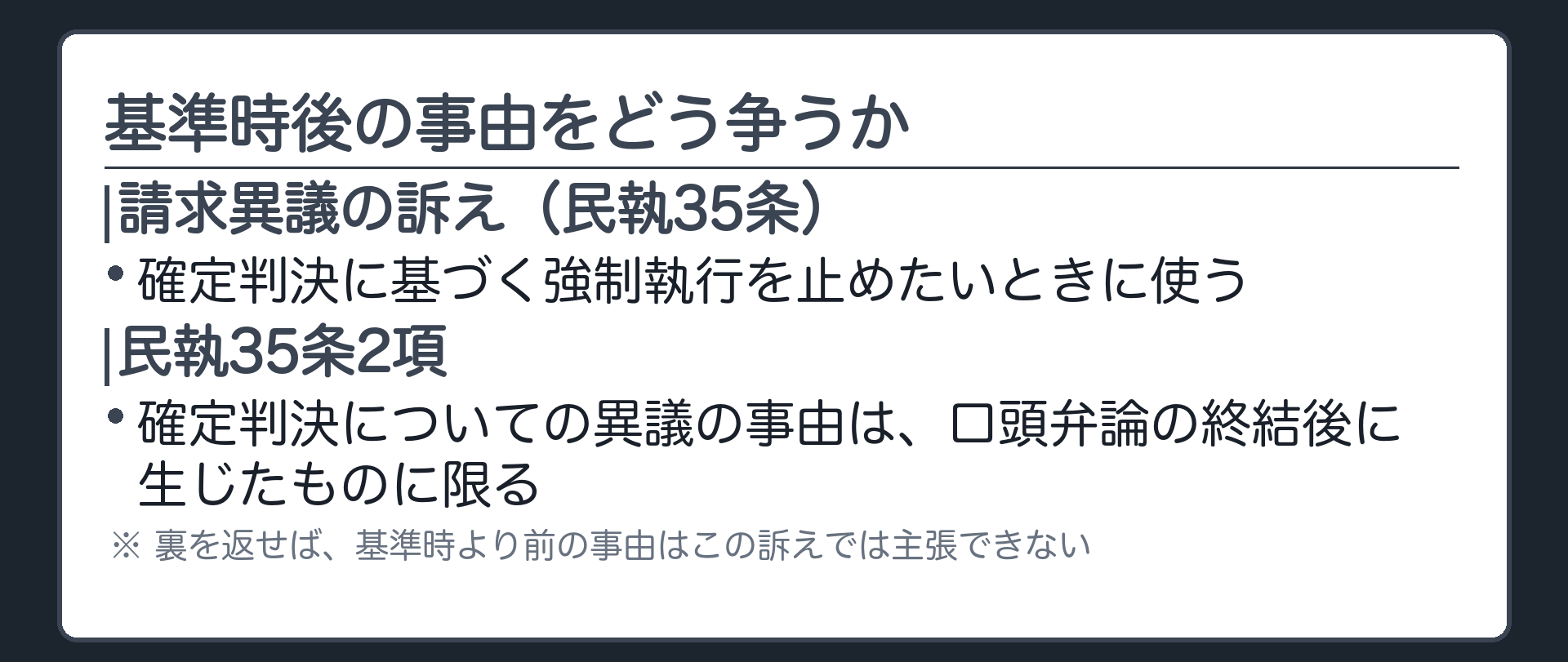 民執35条・請求異議の訴えの板(基準時後の事由なら争える=請求異議の訴え/民執35条2項=確定判決についての異議の事由は口頭弁論の終結後に生じたものに限る)