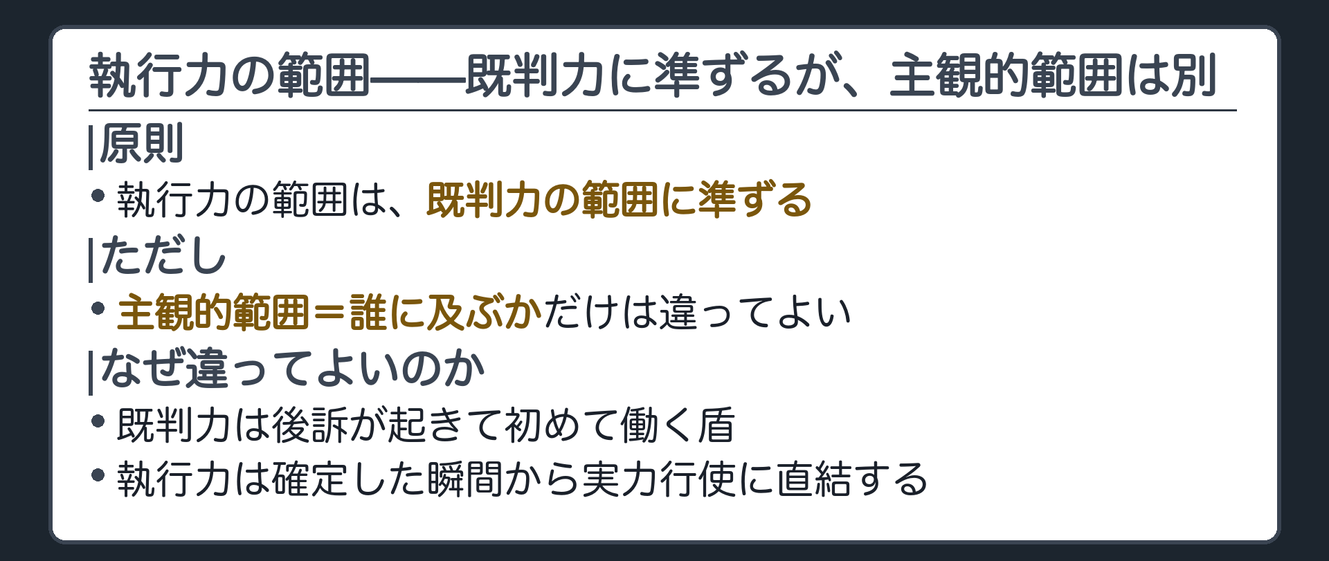 準じるが違ってよい理由の板(執行力の範囲=原則として既判力の範囲に準ずる/ただし主観的範囲=誰に及ぶかだけは違ってよい/理由=既判力は後訴が起きて初めて働く盾/執行力は確定した瞬間から実力行使に直結する)