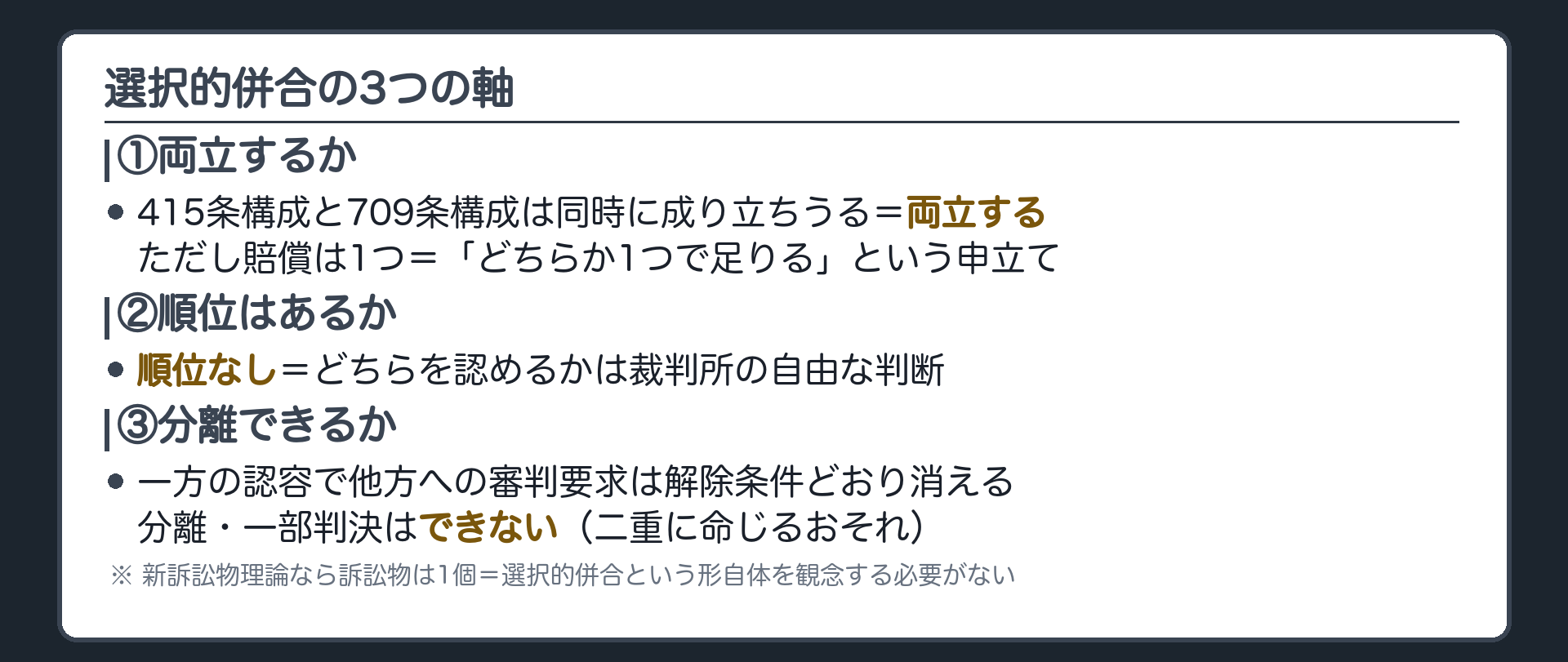 選択的併合の3軸の板(①両立するか=415条構成と709条構成は同時に成り立つ/②順位はあるか=順位なし・どちらを認めるかは裁判所の自由/③分離できるか=一方認容で他方消滅・分離や一部判決は不可/新訴訟物理論なら訴訟物1個で選択的併合を観念する必要がない)