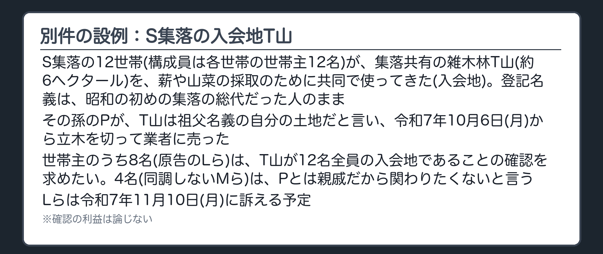 別件の設例：S集落の入会地T山